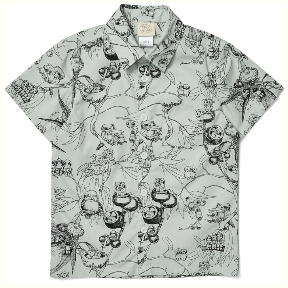 May Gibbs gumnut babies print button up whimsical shirt Medium